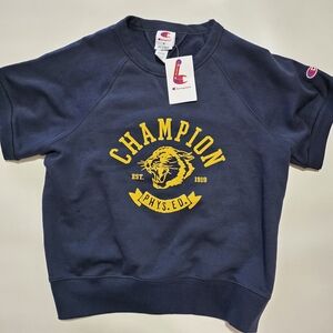 Champion Women's Short Sleeve Phys Ed Graphic Pullover Sweatshirt Navy, size S